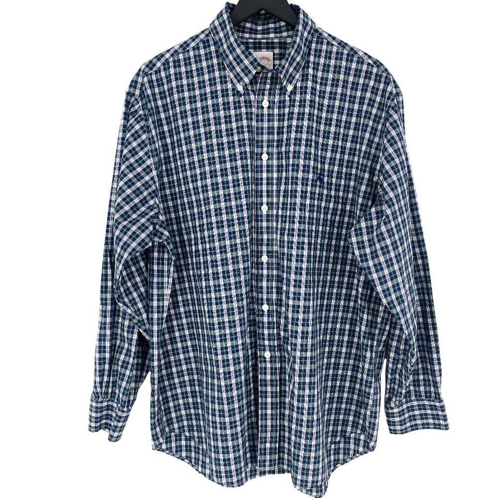 BROOKS BROTHERS 346 Original Polo Shirt Tartan Navy Green Long Sleeve Shirt Sz L